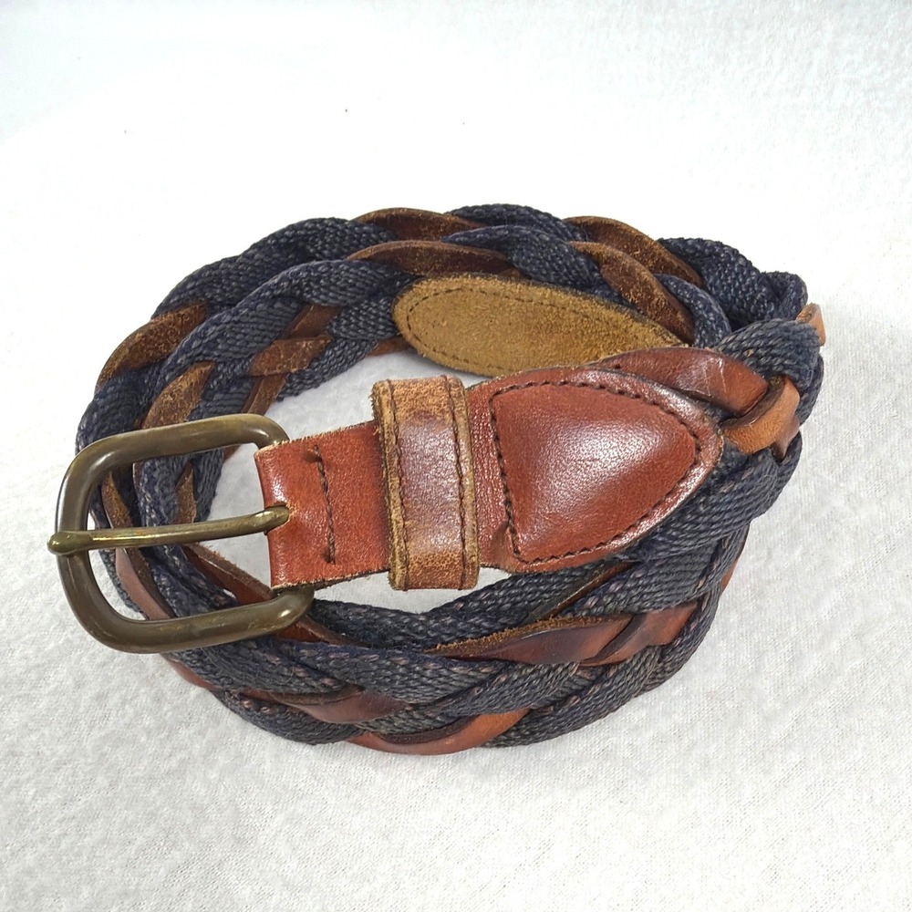 FootJoy Mens Braided Leather Woven Belt Navy Brown Solid Brass USA Made 34
